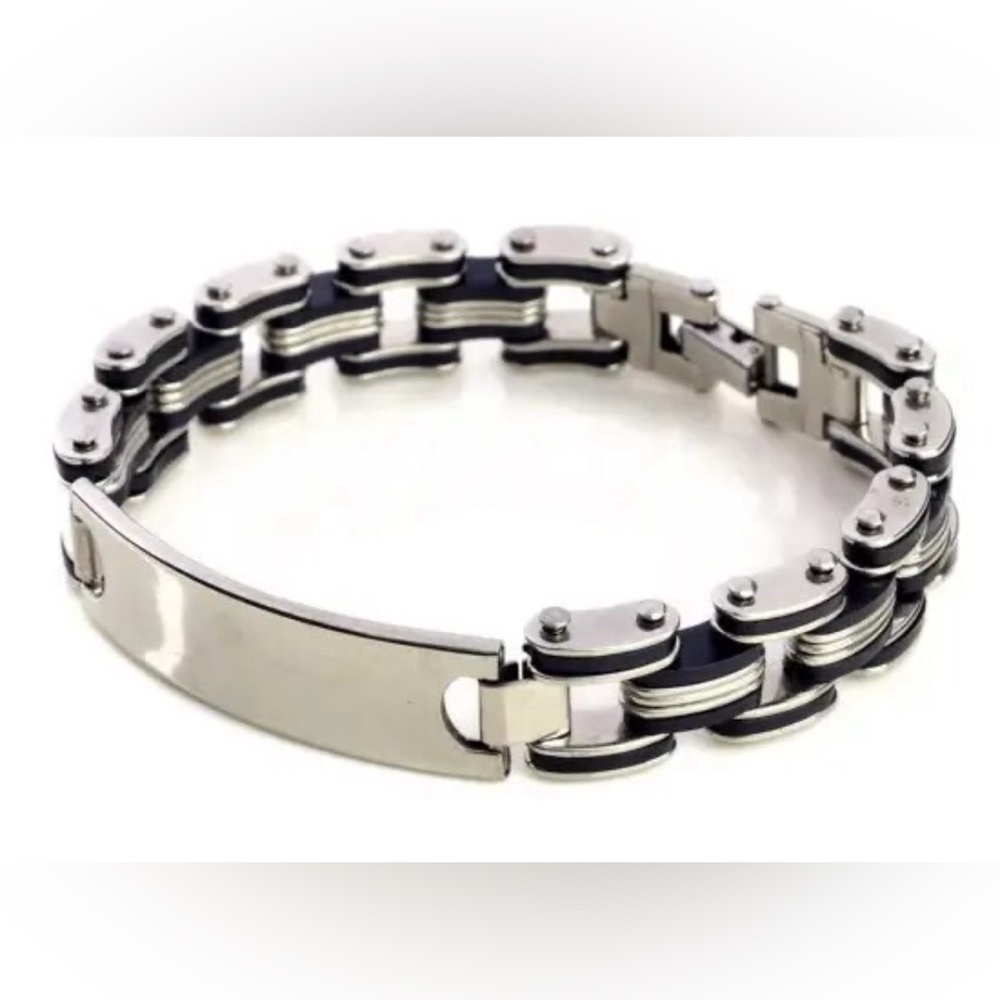 Men’s Sterling Silver Bike Link Chain Bracelet With Customizable Nameplate